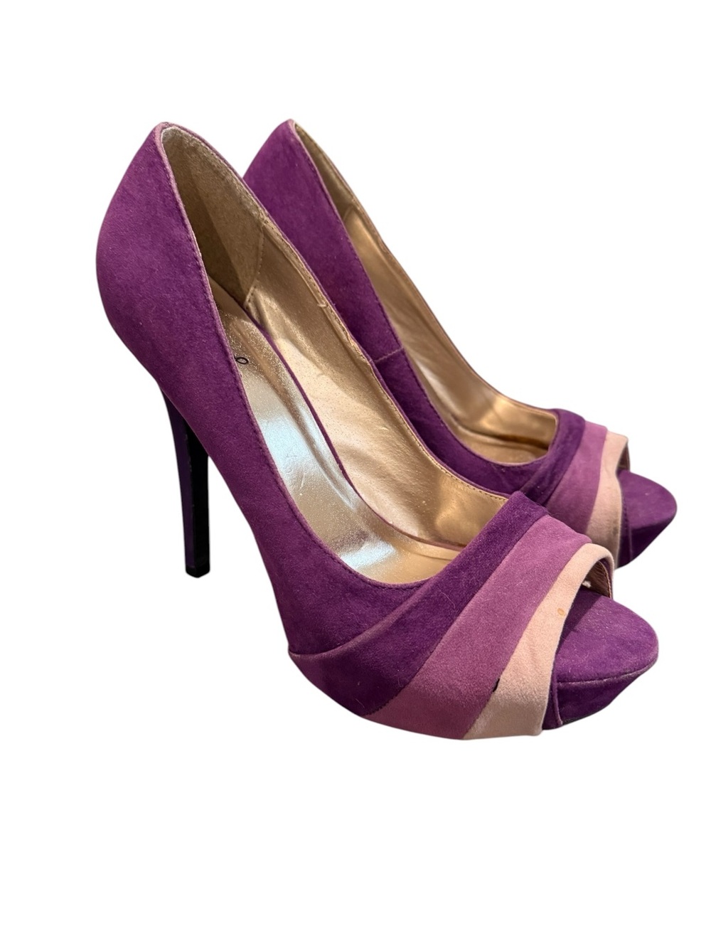 Qupid Purple and Pink Suede Peep-Toe Heels